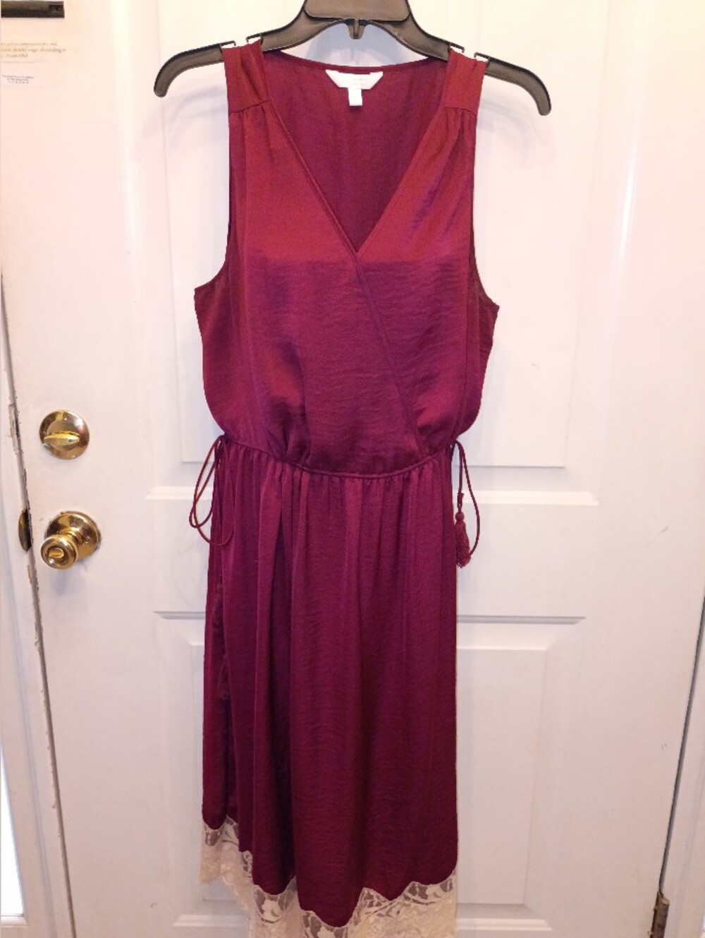 LC Lauren Conrad Sleeveless Wrap Dress in Deep Wine with Cream Lace Hem